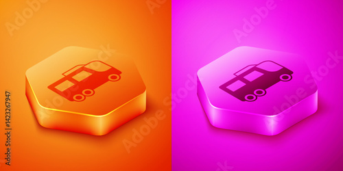Isometric Bus icon isolated on orange and pink background. Transportation concept. Bus tour transport. Tourism or public vehicle symbol. Hexagon button. Vector