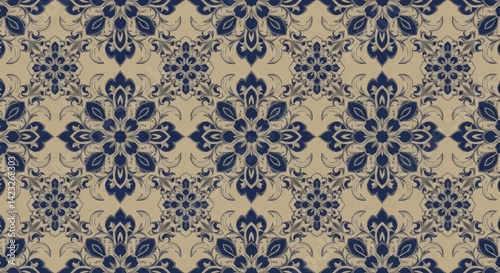 Traditional Indian Textile Soft Beige Indigo Kalamkari Medallion Pattern Bohemian Style Design Cultural Art Print