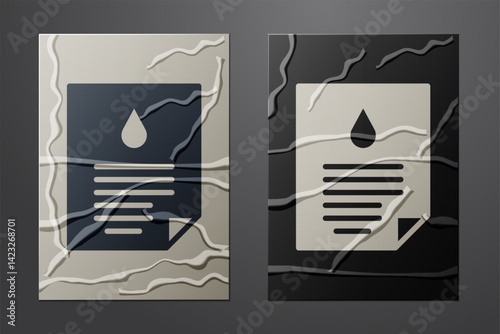 White Oil drop document icon isolated on crumpled paper background. Paper art style. Vector