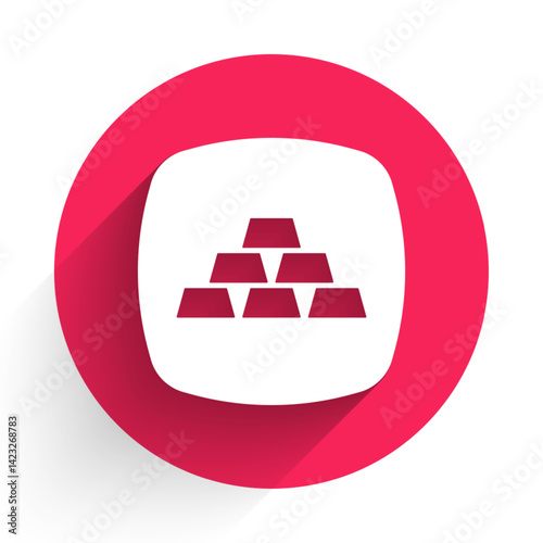 White Gold bars icon isolated with long shadow background. Banking business concept. Red circle button. Vector