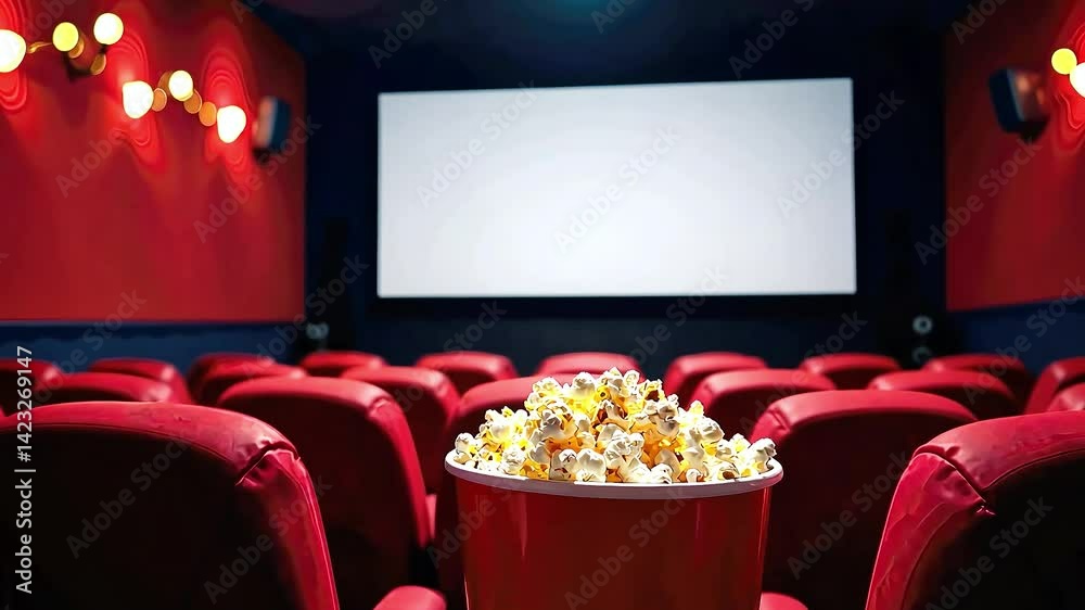 Empty movie theater. Close-up of bucket of popcorn against the background of a cinema hall with red seats and a big white screen, concept of leisure and lifestyle Empty movie theater. Close-up of bucket of popcorn against the background of a cinema hall with red seats and a big white screen, concept of leisure and lifestyle