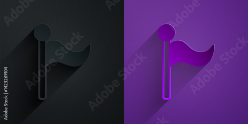 Paper cut Flag icon isolated on black on purple background. Location marker symbol. Paper art style. Vector