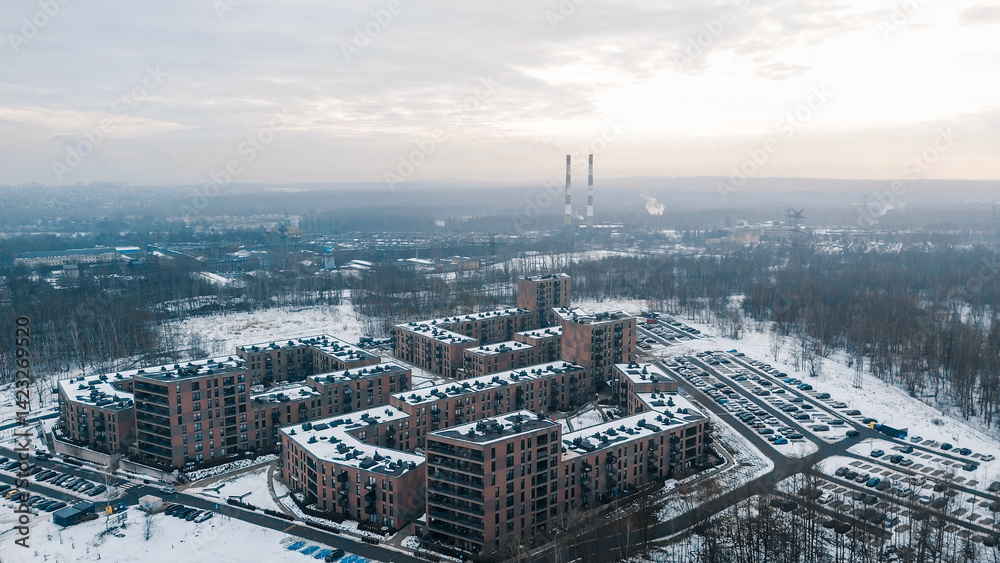 Top view of a modern housing estate with apartments