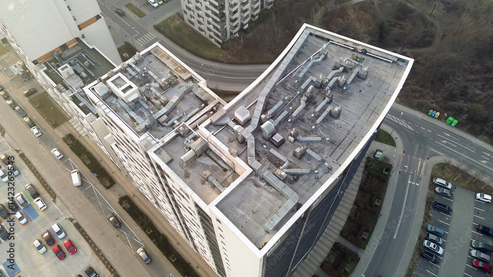 Top view skyscraper with air conditioning ducts