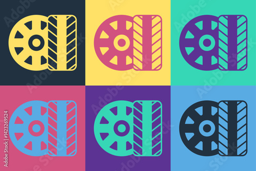 Pop art Car tire wheel icon isolated on color background. Vector