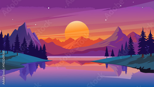 Serene Lake Reflection at Sunset Illustration