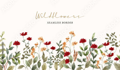 red yellow floral garden watercolor seamless border