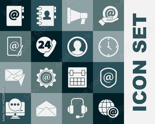 Set Earth globe with mail, Shield and e-mail, Clock, Megaphone, Telephone 24 hours support, Mail, Address book and Create account screen icon. Vector