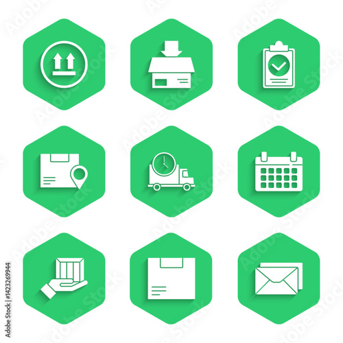 Set Logistics delivery truck and clock, Carton cardboard box, Envelope, Calendar, Delivery hand with boxes, Location, Verification of list clipboard and This side up icon. Vector