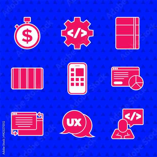 Set Mobile Apps, UI or UX design, Front end development, Website statistic, Color palette guide, Sketchbook album and Time money icon. Vector