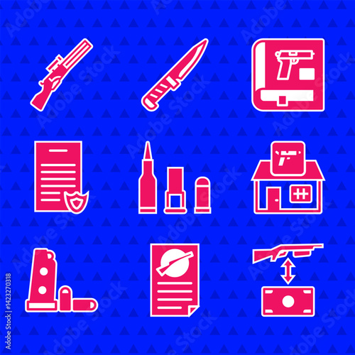 Set Bullet, Firearms license certificate, Buying assault rifle, Hunting shop weapon, Gun magazine and bullets, Book with pistol or gun and icon. Vector