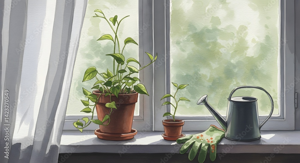 Fototapeta premium Plants Watering Windowsill