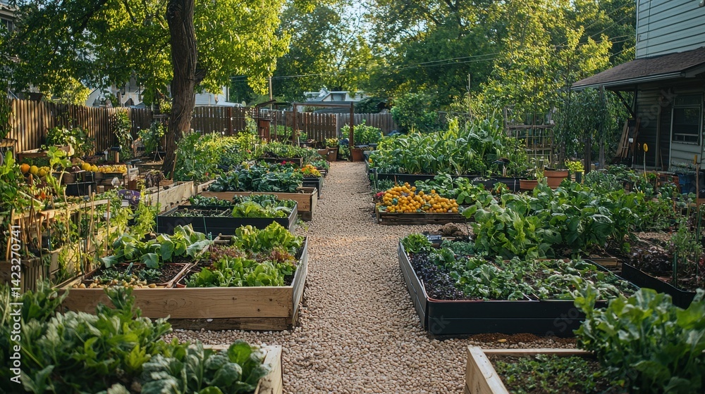 A vibrant community garden showcasing raised beds and pathways. A vibrant community garden showcasing raised beds and pathways.