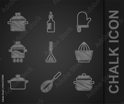 Set Barbecue spatula, Kitchen whisk, Cooking pot, Citrus fruit juicer, Oven glove and icon. Vector