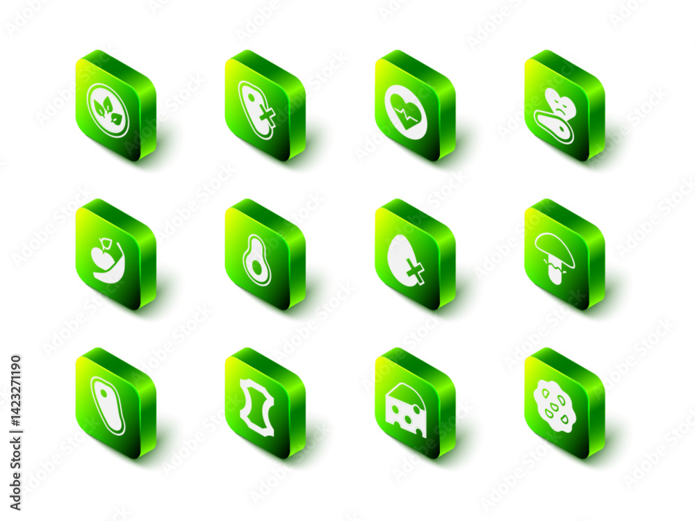 Set No meat, Heart rate, Steak, Mushroom, Cookie or biscuit, egg, Cheese and Leather icon. Vector Set No meat, Heart rate, Steak, Mushroom, Cookie or biscuit, egg, Cheese and Leather icon. Vector