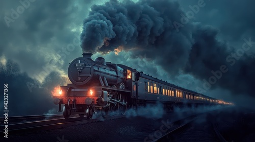 Steam train night journey dark stormy atmosphere