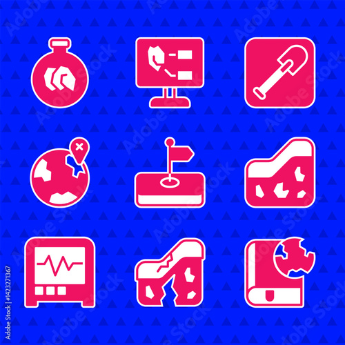 Set Flag, Geological fault, Earth globe and book, Ground, Seismograph, Location on the, Shovel and Exhibition with minerals, rocks icon. Vector