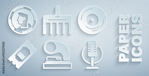 Set Old gramophone, Vinyl disk, Cinema ticket, Microphone, Hairbrush and Ancient coin icon. Vector