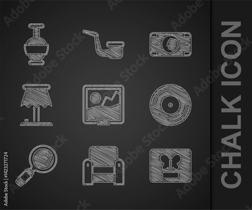 Set Picture, Armchair, Butterfly in frame, Vinyl disk, Magnifying glass, Table lamp, Stacks paper money cash and Ancient amphorae icon. Vector