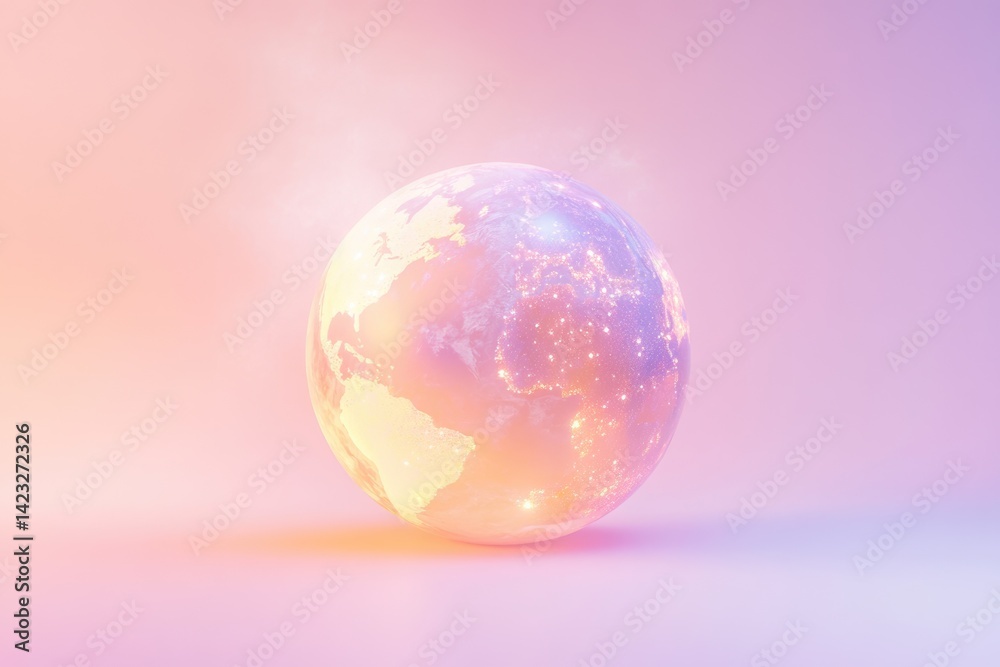 A glowing, pastel-colored Earth, digitally rendered, showcasing city lights and continents. A glowing, pastel-colored Earth, digitally rendered, showcasing city lights and continents.