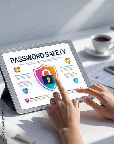 Password Tips on Tablet Interface in Flat Infographic