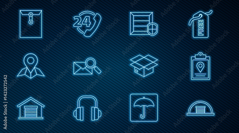 Set line Hangar, Delivery pack security with shield, Envelope magnifying glass, Placeholder on map paper, Carton cardboard box and Telephone 24 hours support icon. Vector Set line Hangar, Delivery pack security with shield, Envelope magnifying glass, Placeholder on map paper, Carton cardboard box and Telephone 24 hours support icon. Vector