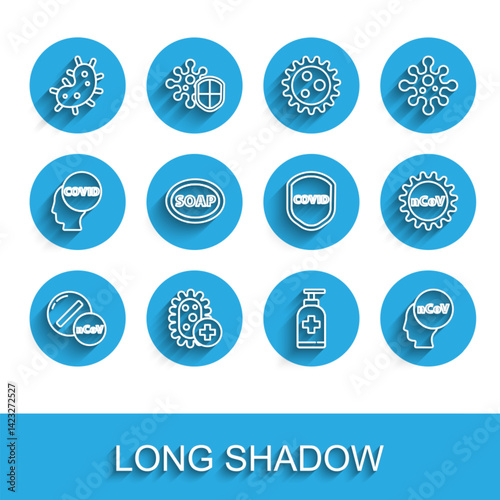 Set line Medicine pill or tablet, Positive virus, Virus, Bottle of liquid antibacterial soap, Corona 2019-nCoV, Bar, and Shield protecting from icon. Vector