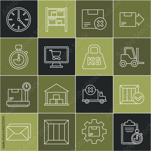 Set line Verification of delivery list clipboard, Wooden box with check mark, Forklift truck, Carton cardboard and delete, Shopping cart computer, Stopwatch, Clock and Weight icon. Vector