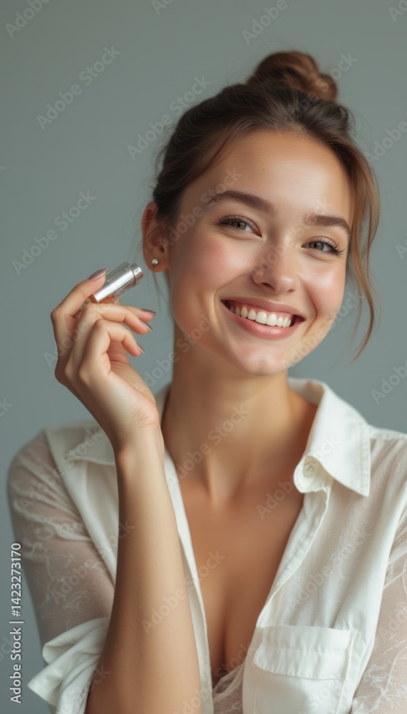 A cheerful young woman with a glowing complexion holds a beauty product, radiating confidence and happiness. Her bright smile and elegant attire create an inviting atmosphere, perfect for beauty and