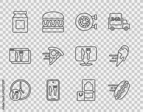Set line Round the clock delivery, Online ordering hotdog, Donut, and, pizza, and ice cream icon. Vector