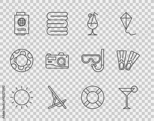 Set line Sun, Martini glass, Cocktail and alcohol drink, Sunbed, Passport with ticket, Photo camera, Lifebuoy and Rubber flippers icon. Vector