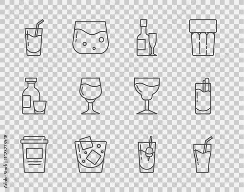 Set line Coffee cup to go, Glass juice, Champagne bottle and glass, whiskey, Cocktail, Wine, Bloody Mary and icon. Vector