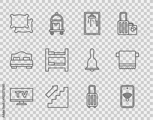 Set line Smart Tv, Mobile with wi-fi wireless, Shower cabin, Stairs up, Pillow, Hotel room bed, Suitcase and Towel on hanger icon. Vector