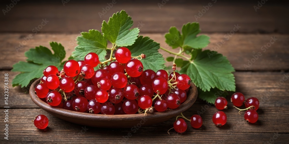 Fresh red currants in wooden bowl with green leaves on rustic table Fresh red currants in wooden bowl with green leaves on rustic table