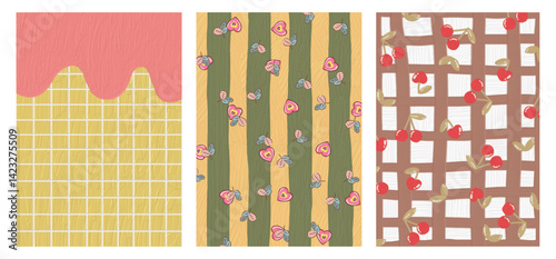 Set patterned rectangles. pink drips on yellow grid with dots. pink flowers on green and yellow stripes. red cherries on a brown lattice.