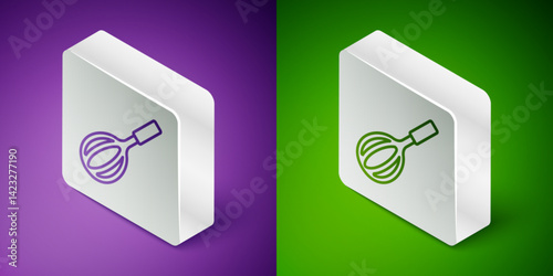 Isometric line Kitchen whisk icon isolated on purple and green background. Cooking utensil, egg beater. Cutlery sign. Food mix symbol. Silver square button. Vector