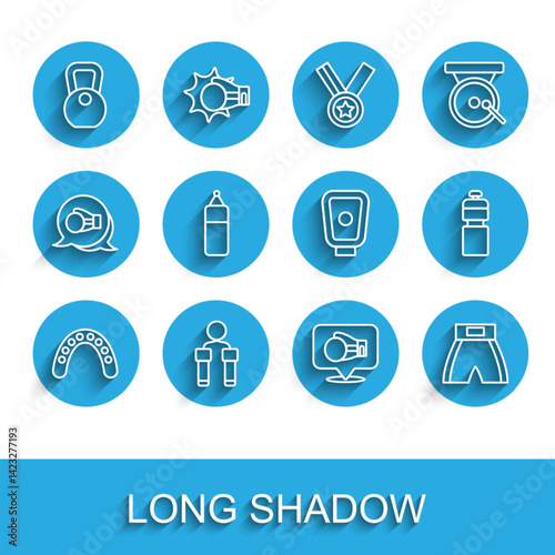 Set line Mouth guard boxer, Jump rope, Weight, Boxing glove, short, Punching bag, Fitness shaker and training paws icon. Vector