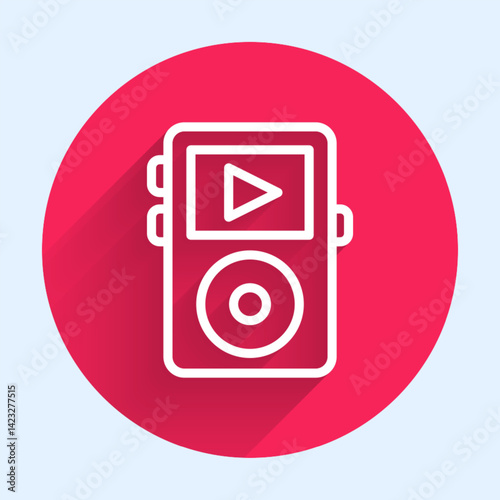 White line Music player icon isolated with long shadow. Portable music device. Red circle button. Vector