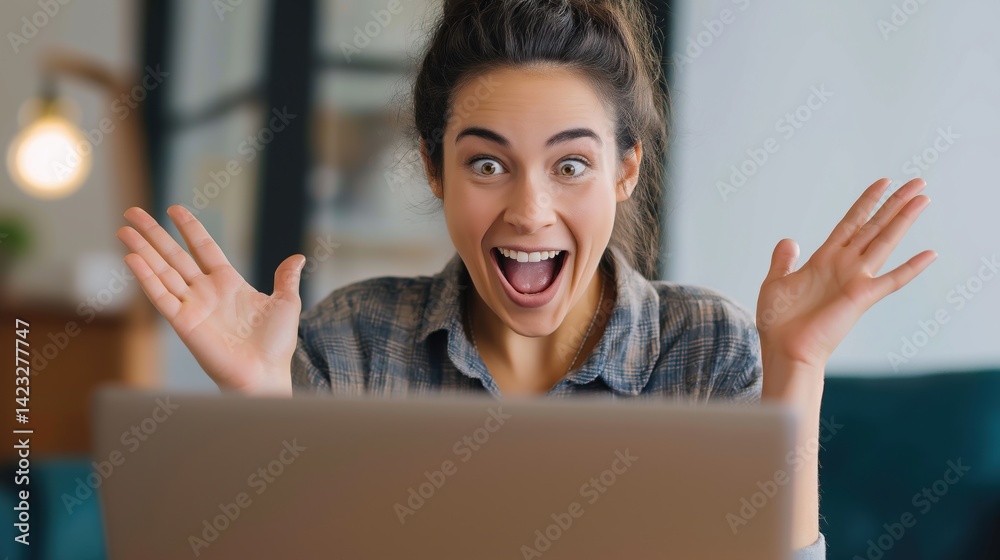 Excited young woman celebrating a personal achievement while working on a laptop at home in the morning light.