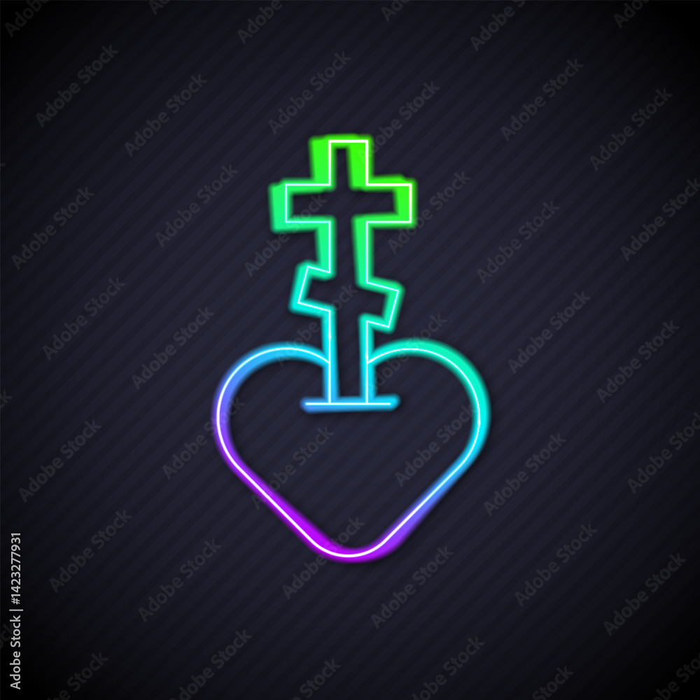 Obraz premium Glowing neon line Religious cross in the heart inside icon isolated on black background. Love of God, Catholic and Christian symbol. People pray. Vector