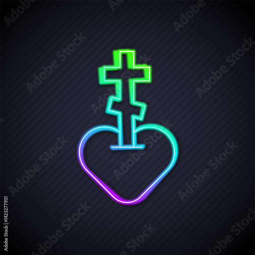 Glowing neon line Religious cross in the heart inside icon isolated on black background. Love of God, Catholic and Christian symbol. People pray. Vector