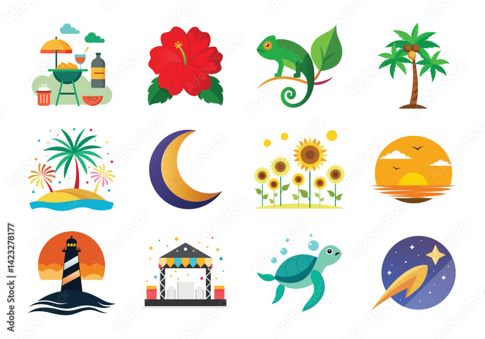 Naklejka premium Summer element bundles, Vector Summer elements, Tropical Summer Vector Icons and Illustrations Set