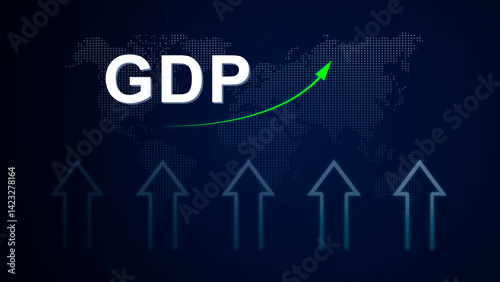GDP growth indicated by arrow on digital global map highlighting economic indicator across a geographical area.