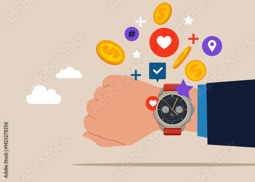 Hand businessman with wrist watch with speech bubbles. Donation and charity with coin, money. Value increases over time. Modern vector illustration in flat style.
