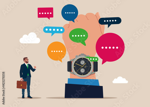 Hand businessman with wrist watch with speech bubbles. Discussion, conversation, meeting, team communication. Value increases over time. Modern vector illustration in flat style.