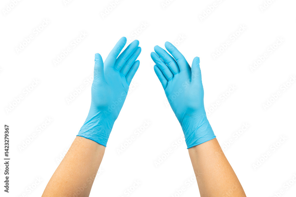 Medical nitrile gloves isolated on white background. Surgical latex gloves. Rubber gloves production. Doctor or nurse putting on protective gloves. Medicine concept. Sterility, protection. Medical nitrile gloves isolated on white background. Surgical latex gloves. Rubber gloves production. Doctor or nurse putting on protective gloves. Medicine concept. Sterility, protection.