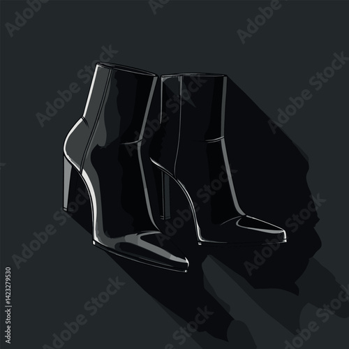 Stylish black ankle boots on dark background with long shadows