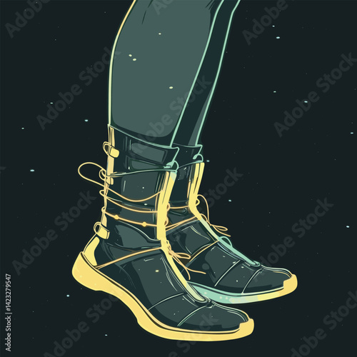 Futuristic neon boots with glowing details in space-themed background