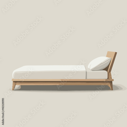 Minimalist wooden bed with white bedding on neutral background