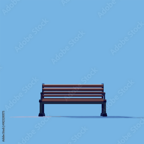 Minimalist wooden bench against clear blue sky background
